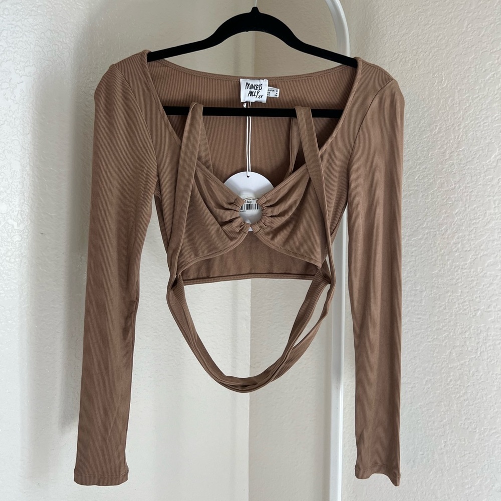 princess polly kellie long sleeve top beige